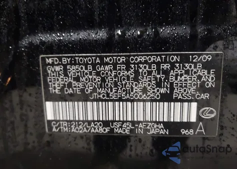 2010 Lexus Ls 460 from USA, damaged, VIN JTHCL5EF5A5006250
